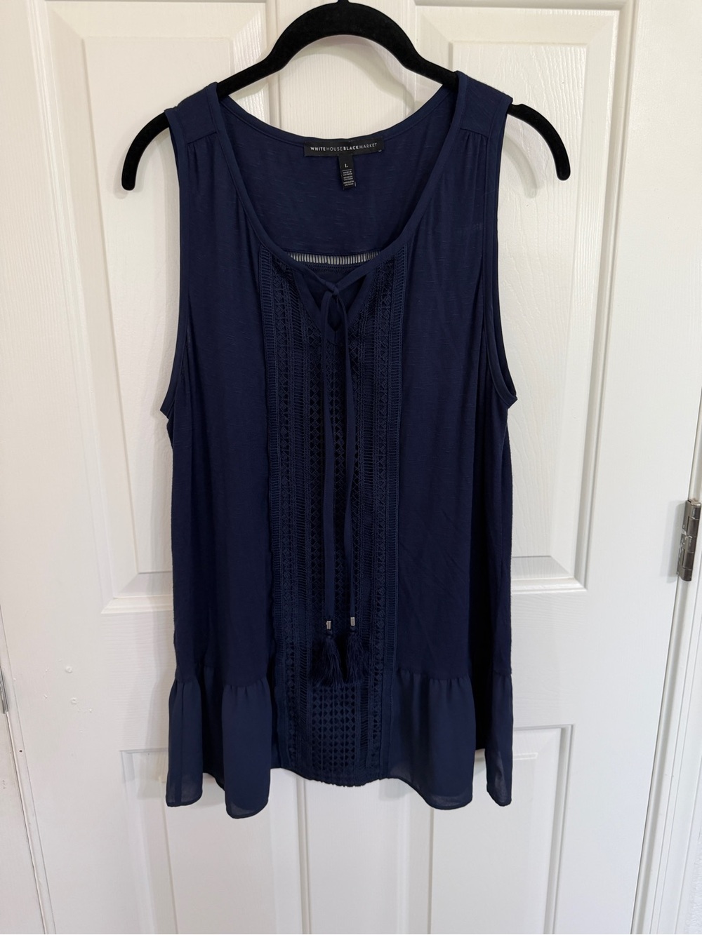 White House Black Market L Navy Crochet Tassel Tie Ruffle Hem Tunic Top